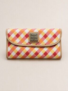 Dooney & Bourke Gingham Continental Wallet Pink Orange Yellow Plaid Leather